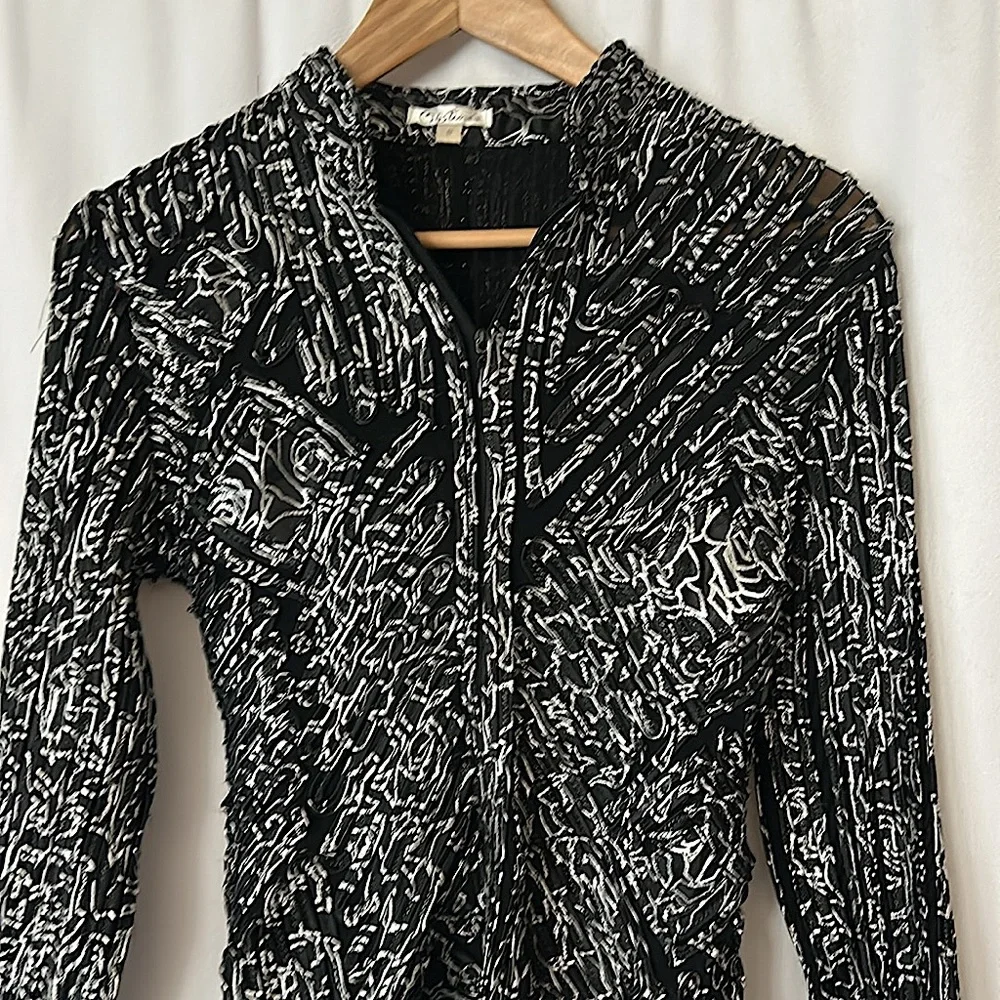Obstine’e Vintage Black/White Geometric Zip Front Long Sleeve Jacket Top *Sz 8* - Picture 3 of 6